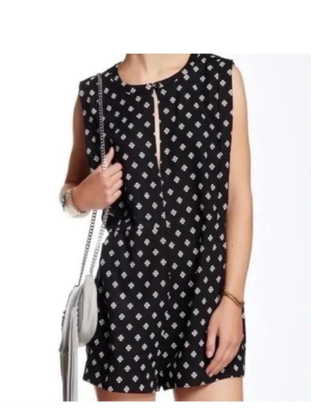 Free People Size XS Black Sleeveless Keyhole Romper w/White Diamond Print